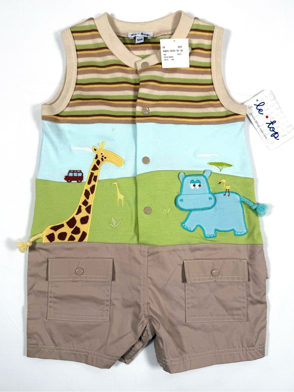 NWT LE TOP Boys Savanna Stripe Safari Romper 12M Giraffe Hippo Jungle NEW
